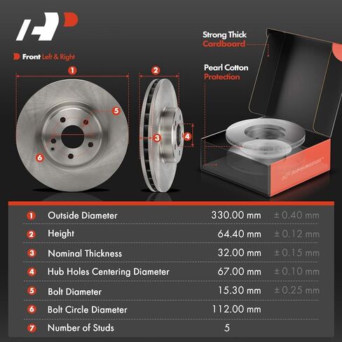 دوارات فرامل قرصية ذات فتحات تهوية أمامية مقاس 12.99 بوصة (330 مم) A-Premium + طقم وسادات سيراميك متوافقة مع موديلات مختارة من مرسيدس بنز - CLS500 2006، CLS550 2007-2011، E550 2007-2009، مجموعة مكونة من 6 قطع in Kuwait