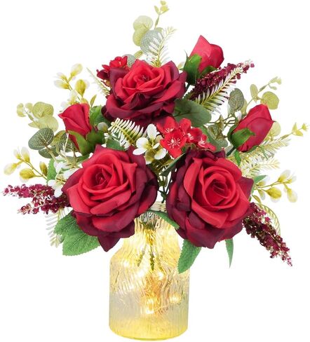 HUAESIN Artificial Flowers with Vase Valentine's Day Decorations Flowers Fake Roses Bouqets with LED Lights Silk Floral Arrangement Home Table Centerpieces Anniversary Wedding Party in Kuwait