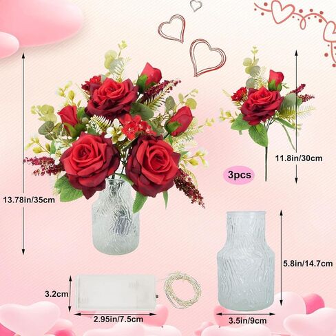HUAESIN Artificial Flowers with Vase Valentine's Day Decorations Flowers Fake Roses Bouqets with LED Lights Silk Floral Arrangement Home Table Centerpieces Anniversary Wedding Party in Kuwait