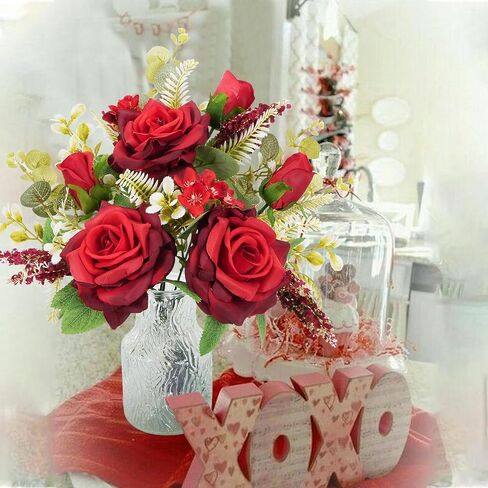 HUAESIN Artificial Flowers with Vase Valentine's Day Decorations Flowers Fake Roses Bouqets with LED Lights Silk Floral Arrangement Home Table Centerpieces Anniversary Wedding Party in Kuwait