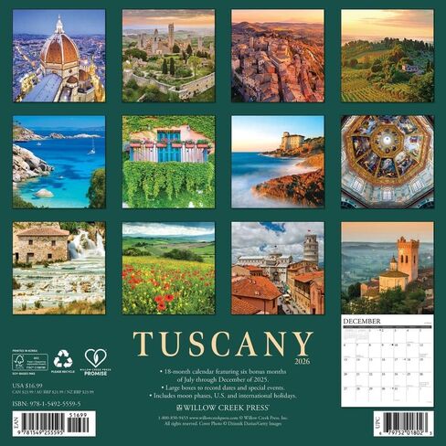 Willow Creek Press, Tuscany 2026 Wall Calendar, 12'' X 12'', 18-Month Calendar with Stapled Binding in Saudi Arabia