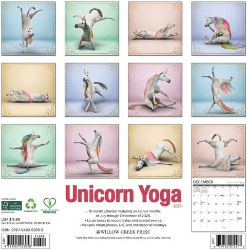 Willow Creek Press, Unicorn Yoga 2026 Wall Calendar, 12'' X 12'', 18-Month Calendar with Stapled Binding in Saudi Arabia
