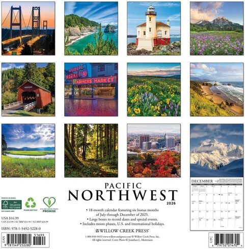 Willow Creek Press, Pacific Northwest Travel and Events 2026 Wall Calendar, 12'' X 12'', 18-Month Calendar with Stapled Binding in Saudi Arabia
