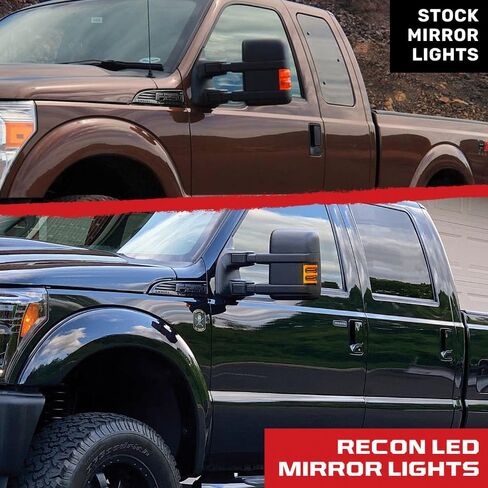عدسات مرآة جانبية RECON 08-16 Superduty F250/F350/F450 (مجموعة مكونة من قطعتين) مصابيح تشغيل بيضاء أو كهرمانية عالية الطاقة وإشارات انعطاف كهرماني ضوئية عدسة مدخنة أو شفافة (العدسة المدخنة) in Saudi Arabia