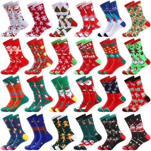 Handepo 24 Pairs Christmas Socks Christmas Crew Sock Warm Winter Holiday Socks Xmas Soft Socks for Women Novelty Holiday Gift (Stylish) in Kuwait