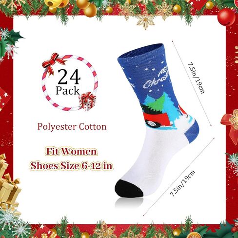 Handepo 24 Pairs Christmas Socks Christmas Crew Sock Warm Winter Holiday Socks Xmas Soft Socks for Women Novelty Holiday Gift (Stylish) in Kuwait