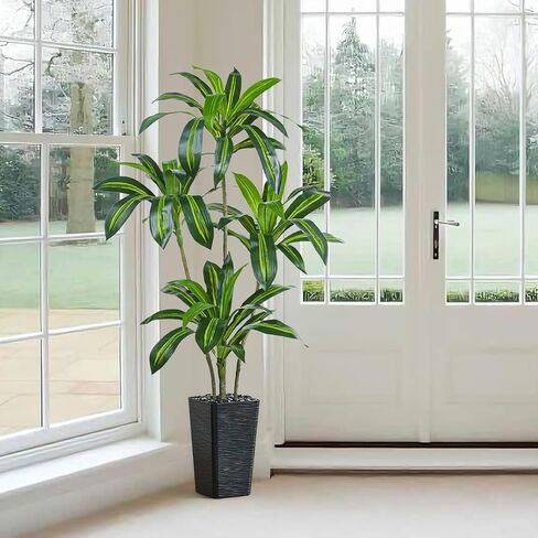 Artificial Dracaena Tree Artificial Silk Tree Faux Tree Fake Tropical Yucca Floor Plant with White Tall Planter (1, White Tall Planter, 6FT) in Saudi Arabia