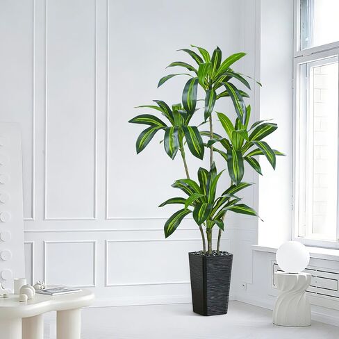 Artificial Dracaena Tree Artificial Silk Tree Faux Tree Fake Tropical Yucca Floor Plant with White Tall Planter (1, White Tall Planter, 6FT) in Saudi Arabia