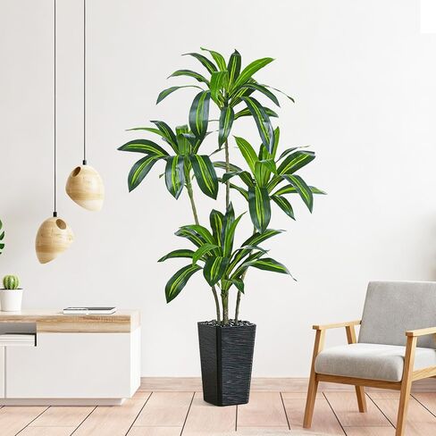Artificial Dracaena Tree Artificial Silk Tree Faux Tree Fake Tropical Yucca Floor Plant with White Tall Planter (1, White Tall Planter, 6FT) in Saudi Arabia