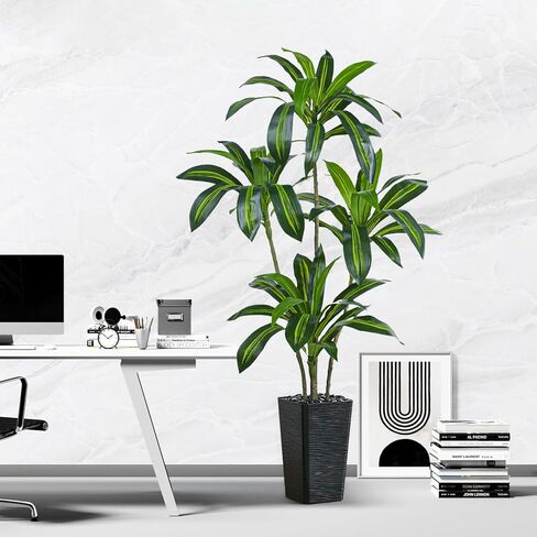 Artificial Dracaena Tree Artificial Silk Tree Faux Tree Fake Tropical Yucca Floor Plant with White Tall Planter (1, White Tall Planter, 6FT) in Saudi Arabia