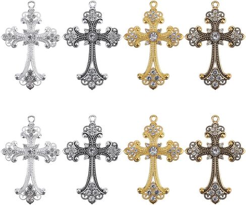 SUNNYCLUE 1 Box 8Pcs 4 Colors Rhinestone Cross Charms Bulk Crosses Charm Gold Rosary Crucifix Alloy Silver Large Gothic Charm for Jewelry Making Charms Rosary Earring Bracelet Earrings DIY Accessories in Saudi Arabia