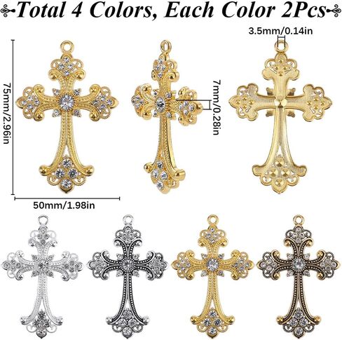 SUNNYCLUE 1 Box 8Pcs 4 Colors Rhinestone Cross Charms Bulk Crosses Charm Gold Rosary Crucifix Alloy Silver Large Gothic Charm for Jewelry Making Charms Rosary Earring Bracelet Earrings DIY Accessories in Saudi Arabia