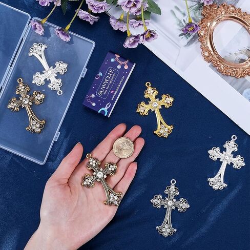 SUNNYCLUE 1 Box 8Pcs 4 Colors Rhinestone Cross Charms Bulk Crosses Charm Gold Rosary Crucifix Alloy Silver Large Gothic Charm for Jewelry Making Charms Rosary Earring Bracelet Earrings DIY Accessories in Saudi Arabia