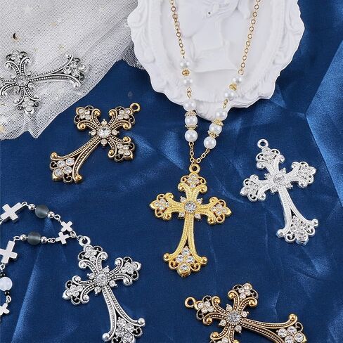 SUNNYCLUE 1 Box 8Pcs 4 Colors Rhinestone Cross Charms Bulk Crosses Charm Gold Rosary Crucifix Alloy Silver Large Gothic Charm for Jewelry Making Charms Rosary Earring Bracelet Earrings DIY Accessories in Saudi Arabia