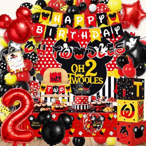 Mouse 2nd Birthday Party Decorations 143Pcs Oh Twodles Birthday Decorations Backdrop Balloons Arch Box High Chair Banner Bday Party Idea for Baby Boys|Girls in Saudi Arabia