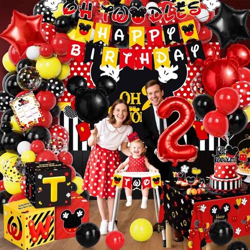 Mouse 2nd Birthday Party Decorations 143Pcs Oh Twodles Birthday Decorations Backdrop Balloons Arch Box High Chair Banner Bday Party Idea for Baby Boys|Girls in Saudi Arabia