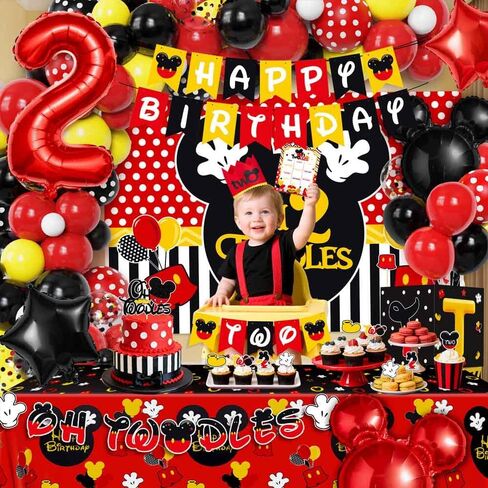 Mouse 2nd Birthday Party Decorations 143Pcs Oh Twodles Birthday Decorations Backdrop Balloons Arch Box High Chair Banner Bday Party Idea for Baby Boys|Girls in Saudi Arabia