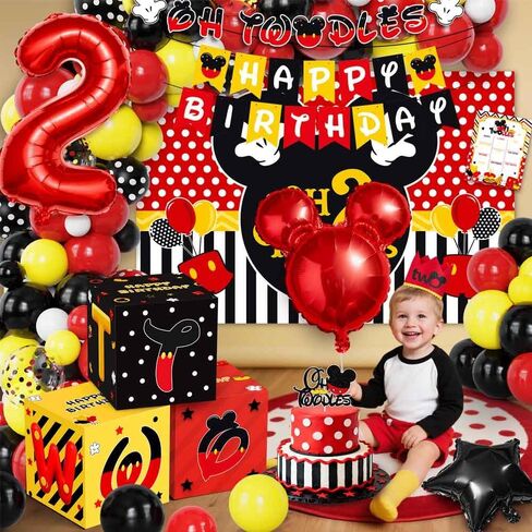 Mouse 2nd Birthday Party Decorations 143Pcs Oh Twodles Birthday Decorations Backdrop Balloons Arch Box High Chair Banner Bday Party Idea for Baby Boys|Girls in Saudi Arabia