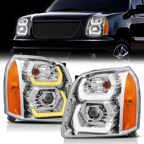 500% Brighter LED DRL Projector Headlight Assembly for 2007-2014 GMC Yukon/Yukon XL 1500/2500, Chrome Housing with Amber Reflector​ in Kuwait