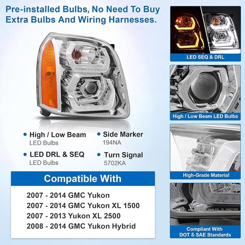 500% Brighter LED DRL Projector Headlight Assembly for 2007-2014 GMC Yukon/Yukon XL 1500/2500, Chrome Housing with Amber Reflector​ in Kuwait
