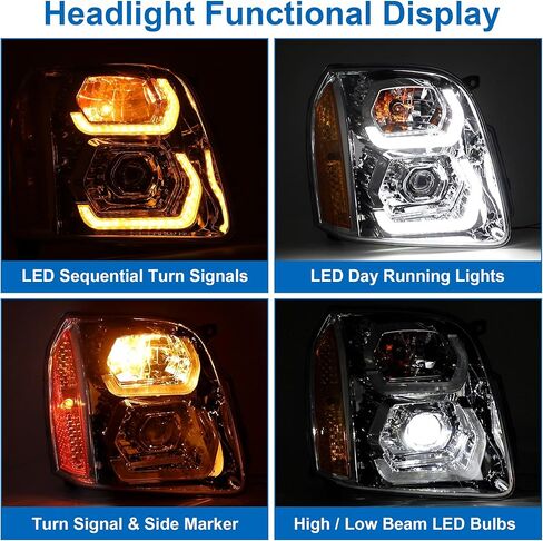 500% Brighter LED DRL Projector Headlight Assembly for 2007-2014 GMC Yukon/Yukon XL 1500/2500, Chrome Housing with Amber Reflector​ in Kuwait