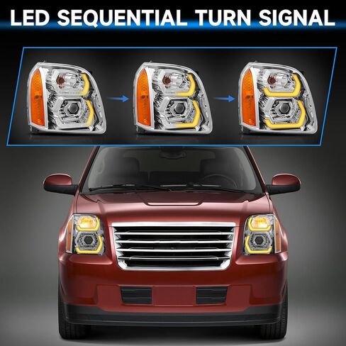 500% Brighter LED DRL Projector Headlight Assembly for 2007-2014 GMC Yukon/Yukon XL 1500/2500, Chrome Housing with Amber Reflector​ in Kuwait