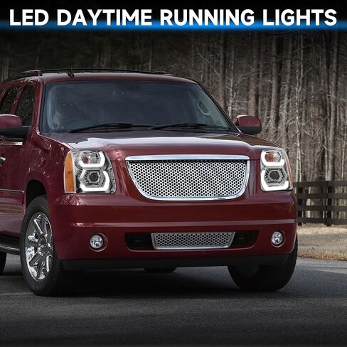 500% Brighter LED DRL Projector Headlight Assembly for 2007-2014 GMC Yukon/Yukon XL 1500/2500, Chrome Housing with Amber Reflector​ in Kuwait