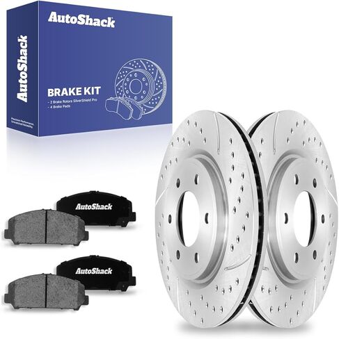AutoShack 13.78" (350 mm) Front Vented Drilled & Slotted Brake Rotors Coated + Ceramic Brake Pads Replacement for 2007-2010 Nissan TITAN Silver Matte Finish 6-PC Brake Kit TurboGuard in Saudi Arabia