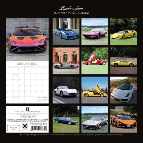 Gifted Stationery Co, Lamborghini 2026 Wall Calendar, 12'' X 12'', 16-Month Calendar with Stapled Binding in Saudi Arabia