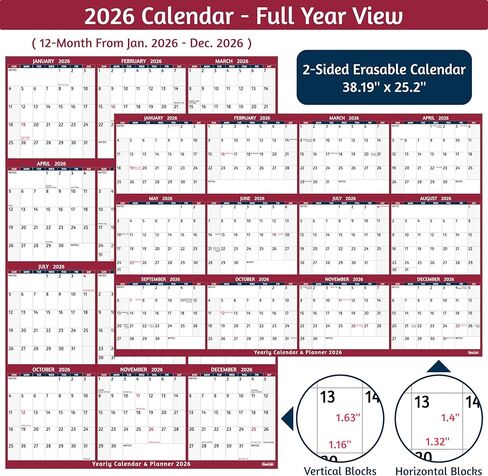 2026 Dry Erase Calendar – Large Yearly Wall calendar 2026, 38.2'' x 25.2'', 2-Side Reversible Calendar 2026, Vertical/Horizontal, Jan 2026 – Dec 2026, 2026 Wall Calendar with Notes, Stickers - Red in Saudi Arabia
