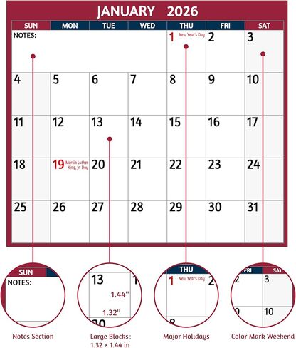 2026 Dry Erase Calendar – Large Yearly Wall calendar 2026, 38.2'' x 25.2'', 2-Side Reversible Calendar 2026, Vertical/Horizontal, Jan 2026 – Dec 2026, 2026 Wall Calendar with Notes, Stickers - Red in Saudi Arabia
