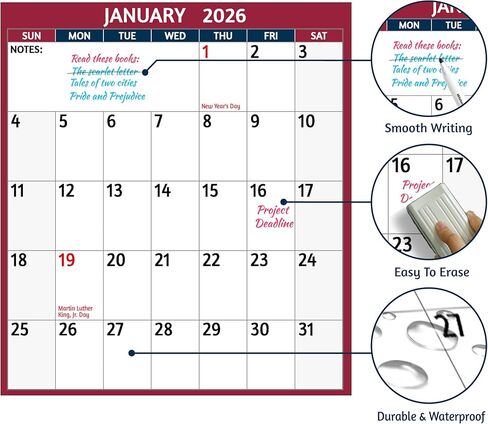2026 Dry Erase Calendar – Large Yearly Wall calendar 2026, 38.2'' x 25.2'', 2-Side Reversible Calendar 2026, Vertical/Horizontal, Jan 2026 – Dec 2026, 2026 Wall Calendar with Notes, Stickers - Red in Saudi Arabia
