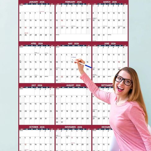 2026 Dry Erase Calendar – Large Yearly Wall calendar 2026, 38.2'' x 25.2'', 2-Side Reversible Calendar 2026, Vertical/Horizontal, Jan 2026 – Dec 2026, 2026 Wall Calendar with Notes, Stickers - Red in Saudi Arabia