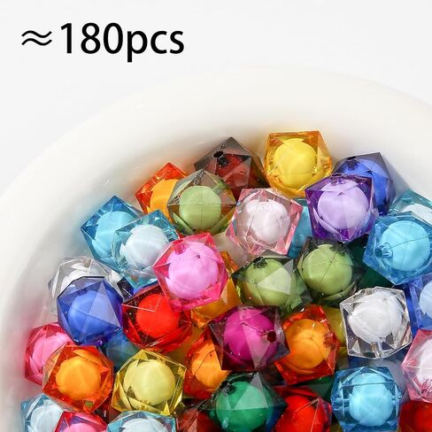 20mm Acrylic Beads 180pcs Cube Chunk Bubblegum Bead Multicolor Beadable Pen Ball Beads for Pen Bag Jewelry Making Necklace Bracelets (Transparent&Color) in Saudi Arabia