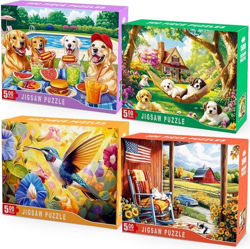 4 Packs 500 Piece Jigsaw Puzzles for Adults – Dog Puzzle, Puppy Garden, Hummingbird Flower Puzzle & Country Farm Landscape Adult Puzzles Set for Stress Relief, Family Activity, Gifts for Women Men in Saudi Arabia