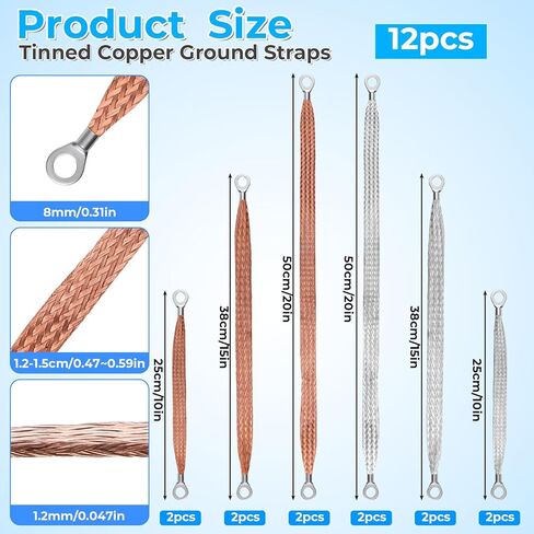 12 Pcs Automotive Ground Straps, 10/15/20 Inch Universal Engine Grounding Cable Strap Kit with Ring Terminals Braided Copper Tinned Ground Wire for Most Cars (Silver, Orange) in Saudi Arabia