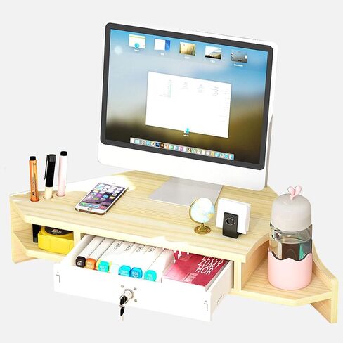 Corner Monitor Stand with Locking Drawer, Ergonomic 2 Tiers Triangle Screen Riser, Space Saving Desktop Organizer Stand for Printer/Notebook (Color : Maple) in Saudi Arabia