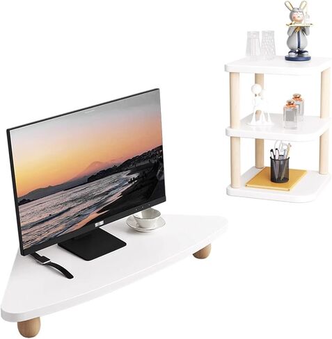 Ergonomic Corner Monitor Stand with Double Shelf, Space Saving Desktop Organizer Stand, Universal Triangle Screen Riser for Display/Printer(White) in Saudi Arabia