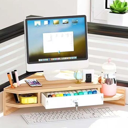 Corner Monitor Stand Corner Computer Mount with Drawer, Cup Storage Design 2 Tier Monitor Riser, Space Saving Office Desktop Shelves, 12cm / 4.7in Height in Saudi Arabia