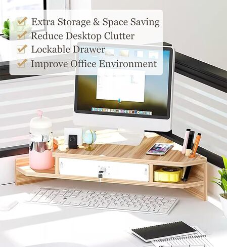 Corner Monitor Stand Corner Computer Mount with Drawer, Cup Storage Design 2 Tier Monitor Riser, Space Saving Office Desktop Shelves, 12cm / 4.7in Height in Saudi Arabia