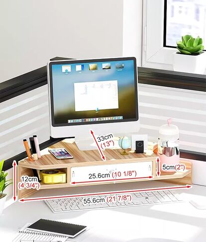 Corner Monitor Stand Corner Computer Mount with Drawer, Cup Storage Design 2 Tier Monitor Riser, Space Saving Office Desktop Shelves, 12cm / 4.7in Height in Saudi Arabia