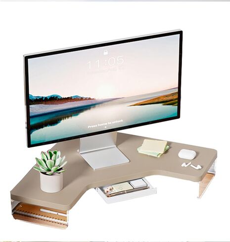 Corner Monitor Stand Clear Acrylic Leg ＆ Wood Corner Screen Stand, L-Shape Desk Triangle Riser for Monitor/Laptop/Computer, Corner Organizer with Drawer (Color : Green) in Saudi Arabia