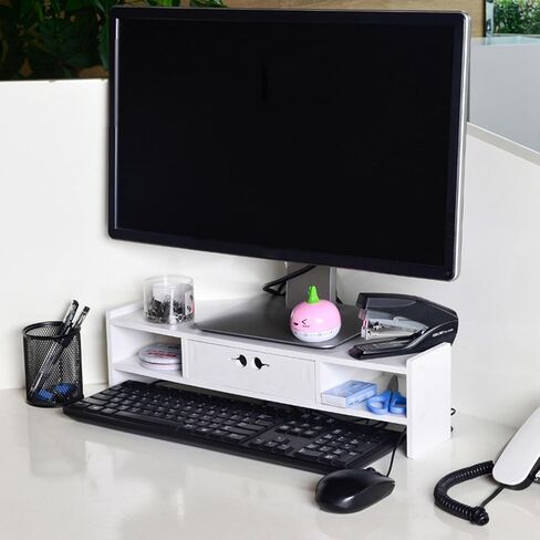 White Triangle Monitor Stand with Drawer, Universal Corner Computer Monitor Riser, Multifunctional Desktop Storage Shelf for Bedroom/Powder Room in Saudi Arabia