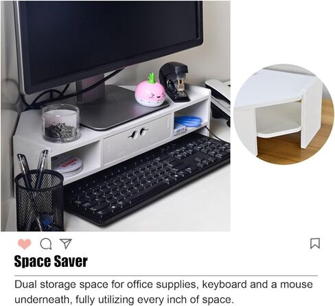 White Triangle Monitor Stand with Drawer, Universal Corner Computer Monitor Riser, Multifunctional Desktop Storage Shelf for Bedroom/Powder Room in Saudi Arabia