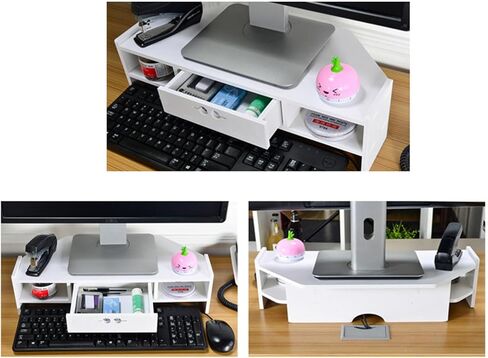 White Triangle Monitor Stand with Drawer, Universal Corner Computer Monitor Riser, Multifunctional Desktop Storage Shelf for Bedroom/Powder Room in Saudi Arabia