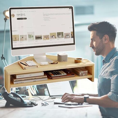 Double Tier Triangle Monitor Stand Riser, 5" High Ergonomic Corner Computer Monitor Stand, Universal Triangular Storage Rack for Printer/Screen(Natural) in Saudi Arabia