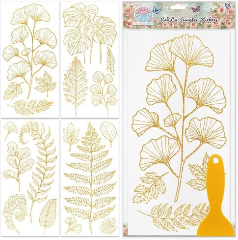 GLOBLELAND 4 Sheets Gold Leaves Rub on Transfers for Furniture 6x12inch Fern Leaves Rub on Transfer UV Self-Adhesive Stickers Wall Art Craft for Bedroom Living Room Desk Table Decoration in Saudi Arabia