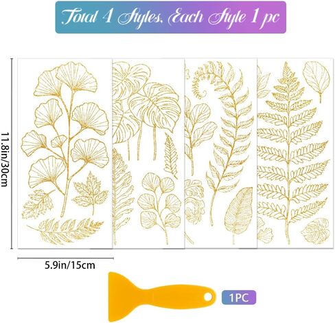 GLOBLELAND 4 Sheets Gold Leaves Rub on Transfers for Furniture 6x12inch Fern Leaves Rub on Transfer UV Self-Adhesive Stickers Wall Art Craft for Bedroom Living Room Desk Table Decoration in Saudi Arabia