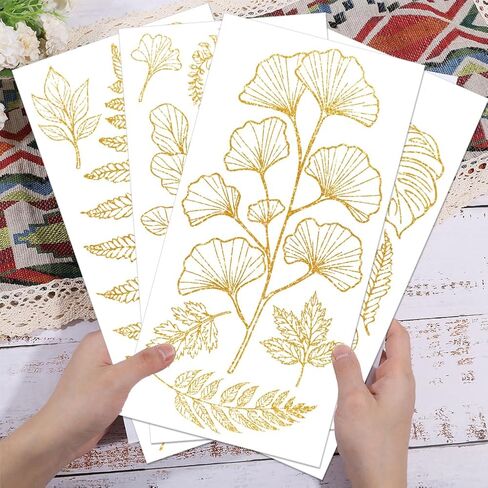 GLOBLELAND 4 Sheets Gold Leaves Rub on Transfers for Furniture 6x12inch Fern Leaves Rub on Transfer UV Self-Adhesive Stickers Wall Art Craft for Bedroom Living Room Desk Table Decoration in Saudi Arabia