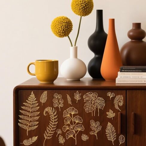 GLOBLELAND 4 Sheets Gold Leaves Rub on Transfers for Furniture 6x12inch Fern Leaves Rub on Transfer UV Self-Adhesive Stickers Wall Art Craft for Bedroom Living Room Desk Table Decoration in Saudi Arabia